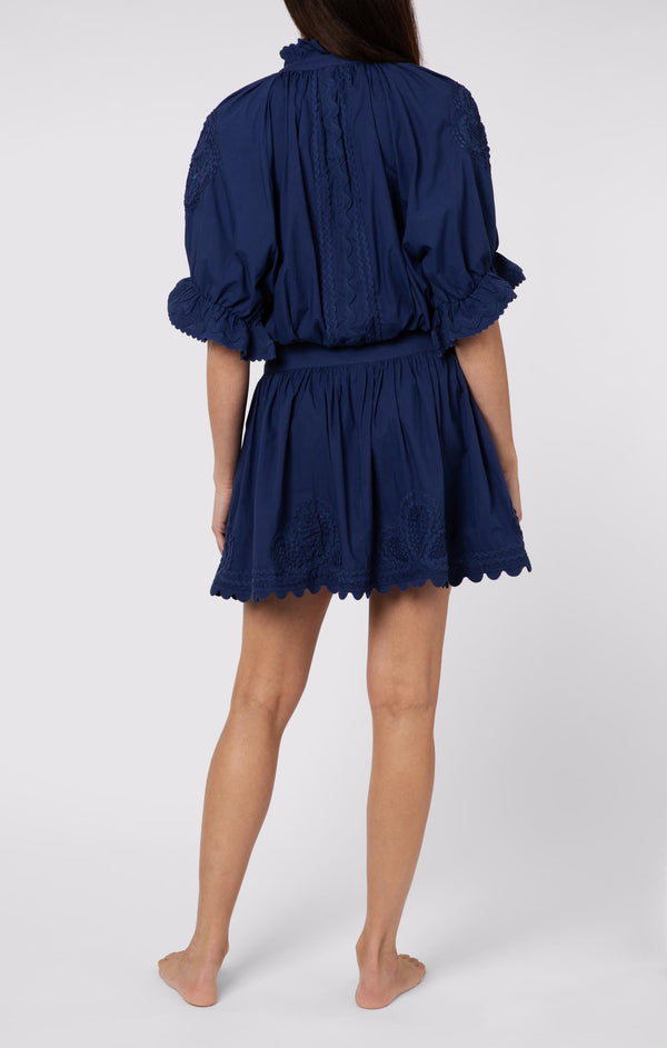 Poplin Blouson Dress with Ric Rac Embroidery