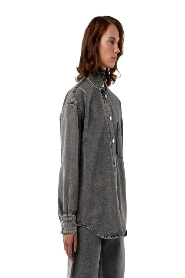 MSGM Denim Shirt with Rhinestones on Front WOMEN'S JACKETS