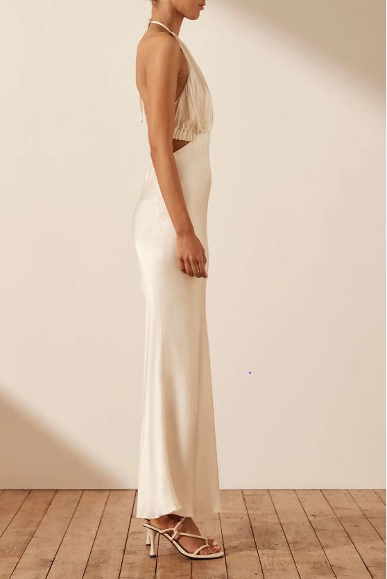 Milo Ruched Open Back Halter Midi Dress