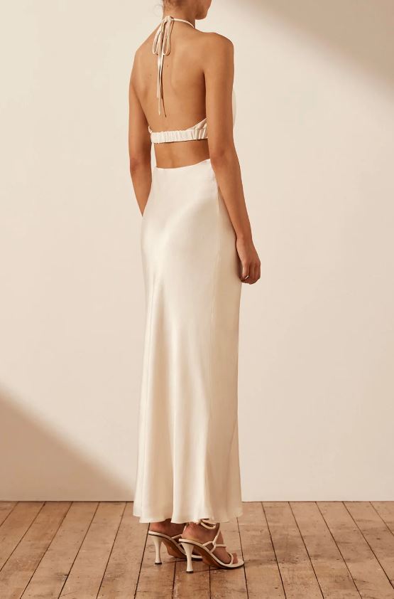 Milo Ruched Open Back Halter Midi Dress