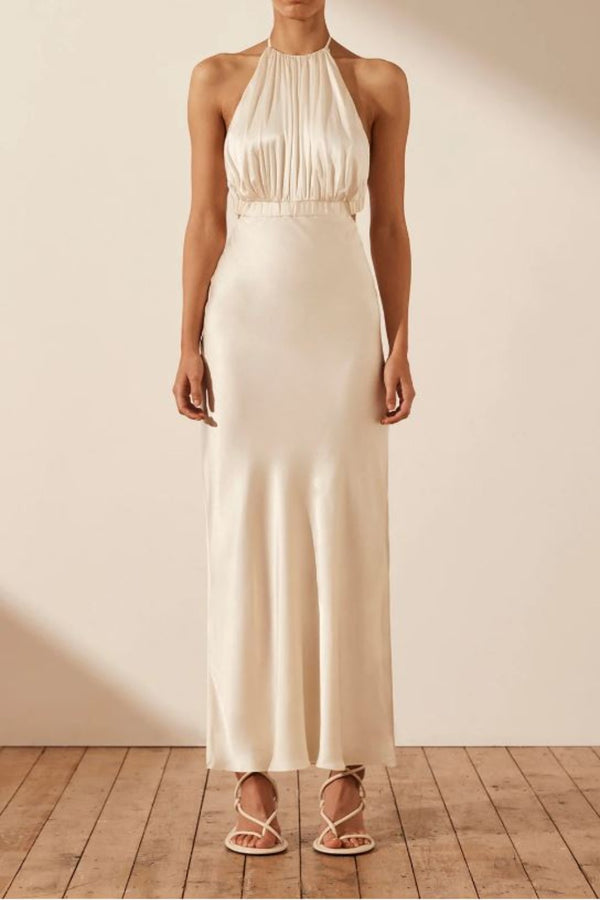 Milo Ruched Open Back Halter Midi Dress