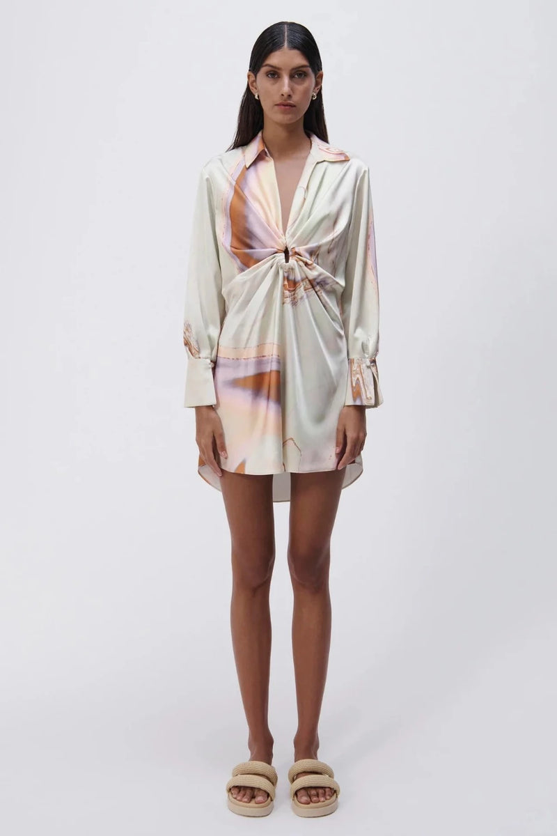 Roma Marble Printed Satin Draped Front Mini Dress