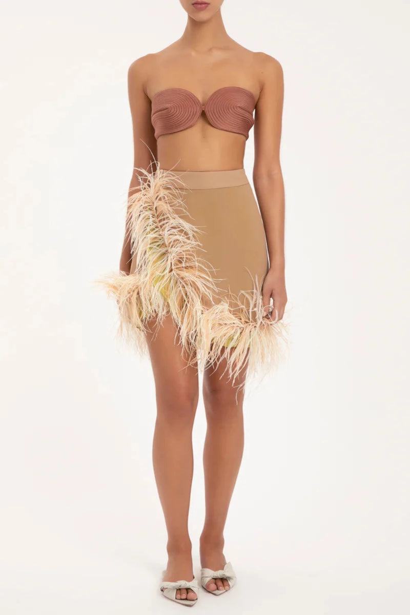 ADRIANA DEGREAS Solid Short Skirt with Feathers WOMEN'S SKIRTS
