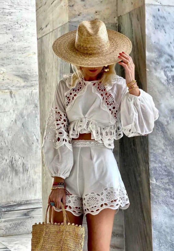 LACE Lace Blouson Sleeve Crop Top - 1530 WOMEN'S TOPS