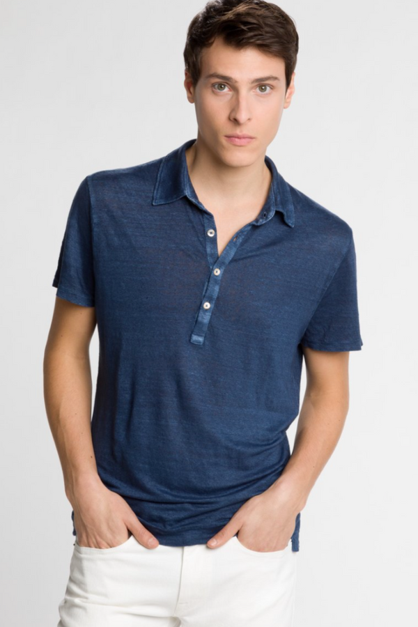 BOGLIOLI Dark Blue Short Sleeve Satin Linen Polo Shirt MEN'S TOPS