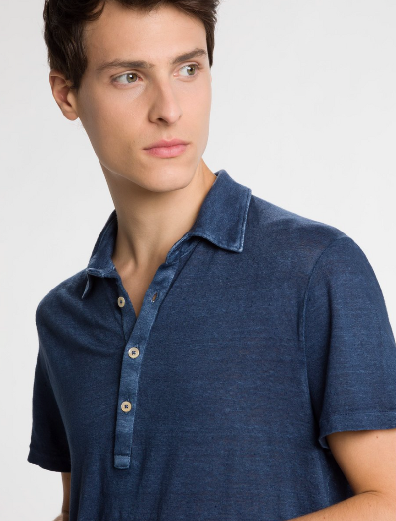 Dark Blue Short Sleeve Satin Linen Polo Shirt