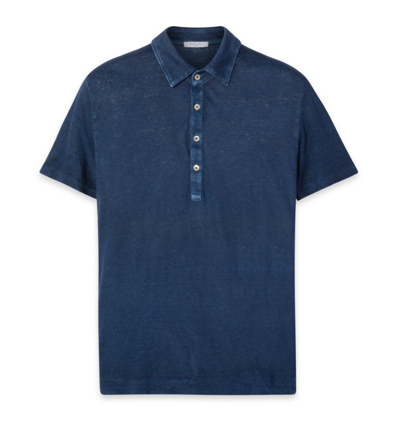 Dark Blue Short Sleeve Satin Linen Polo Shirt