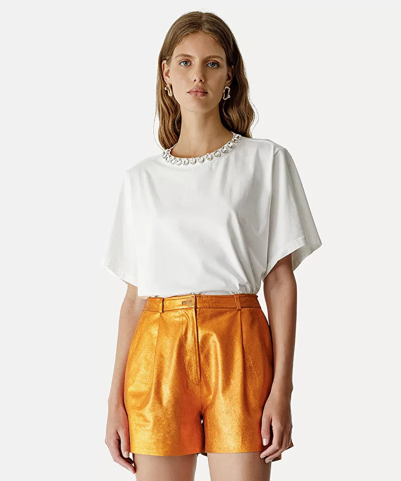 Organic Cotton Jersey Strass Neck T-Shirt