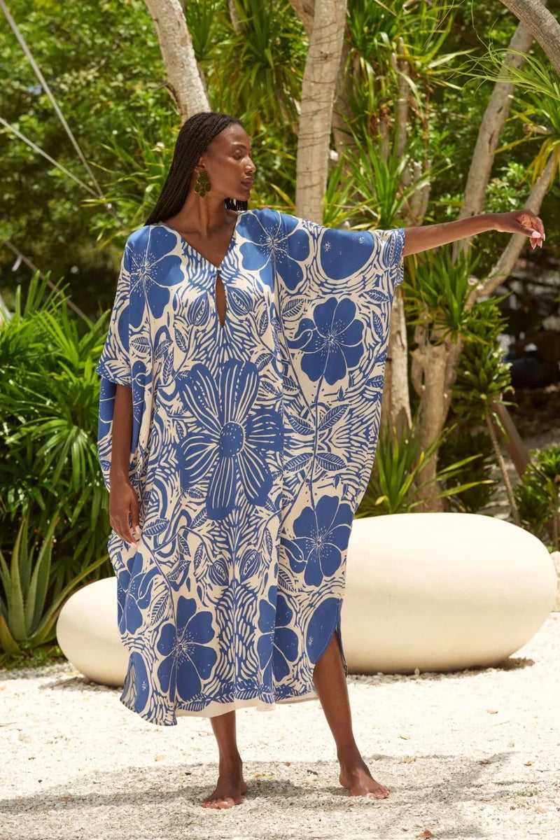 Xime Kaftan Etched Flower Blue