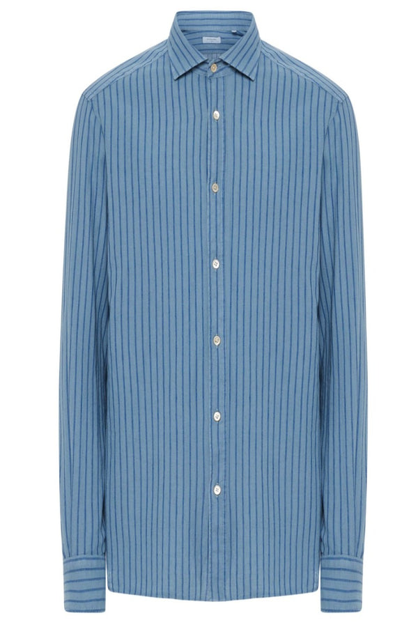 Sky Blue and Blue Striped Cotton and Linen Shirt
