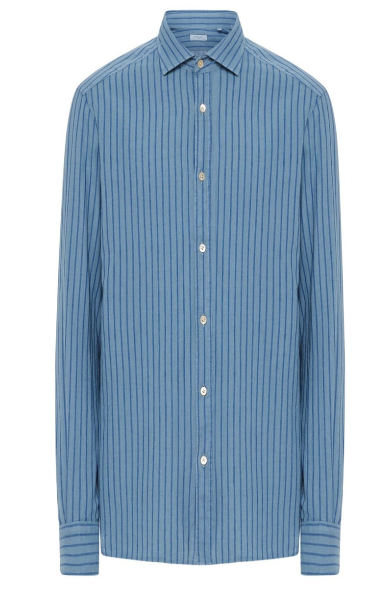 Sky Blue and Blue Striped Cotton and Linen Shirt