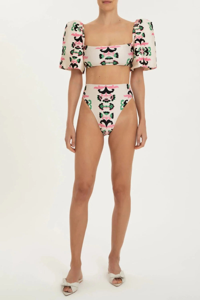 ADRIANA DEGREAS Twisted Flower High Leg Puff Sleeve Bikini WOMEN'S SWIMWEAR