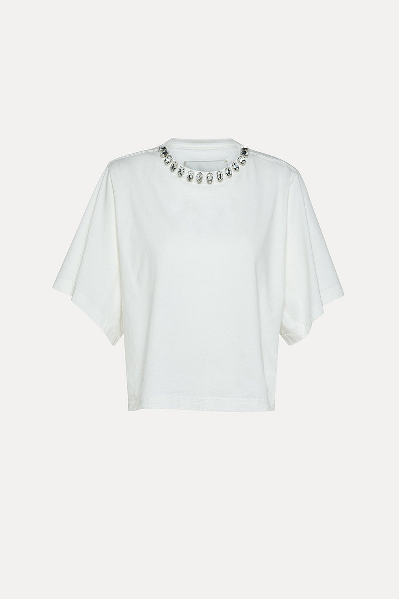 Organic Cotton Jersey Strass Neck T-Shirt